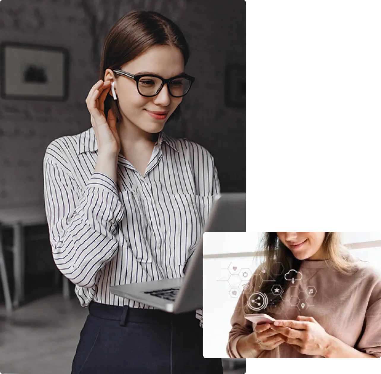 Woman with glasses using a laptop, inset image of hands using a mobile phone with digital icons overlay.