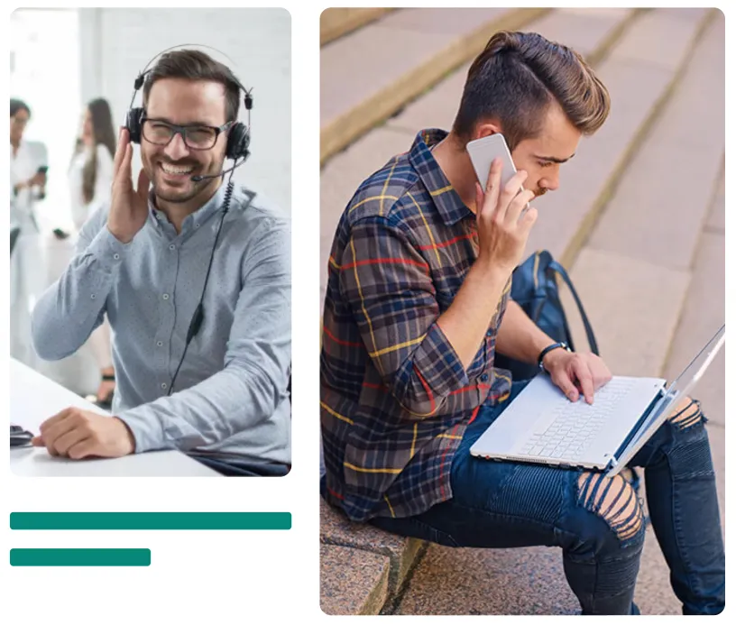 Man with headset smiling at desk; another man on phone using a laptop while sitting on outdoor steps.